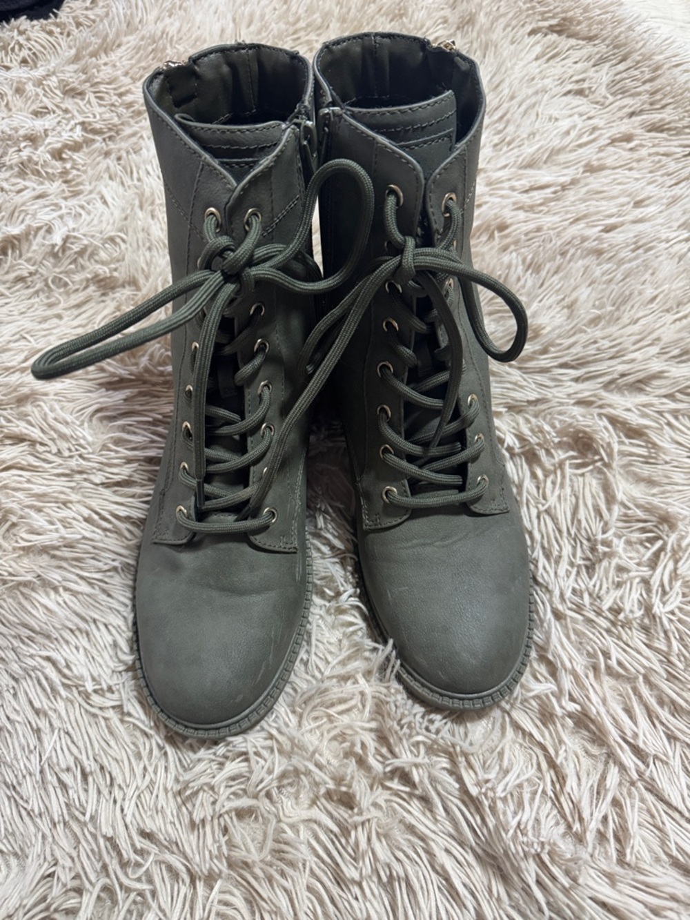 BCBG Olive Green Lace-Up Ankle Boots with Side Zip